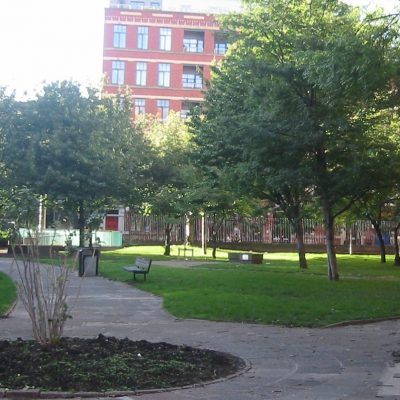 The grassy lawn and pathways of Sackville Park.