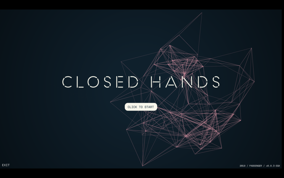 A black videogame screen with the words 'Closed Hands' in the centre. There is a button 'Click to Start' underneath.