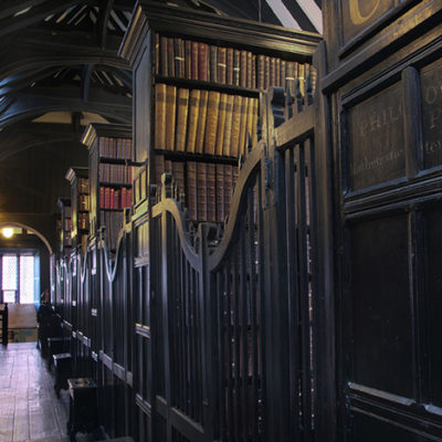 The bookshelves and corridors inside the historic Chetham's Library.