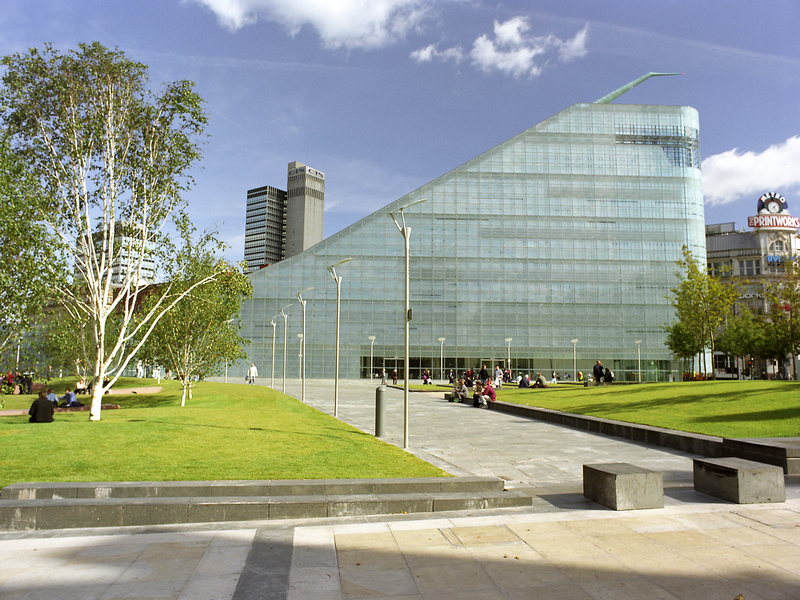 The National Football Museum and Cathedral Gardens on a sunny day.