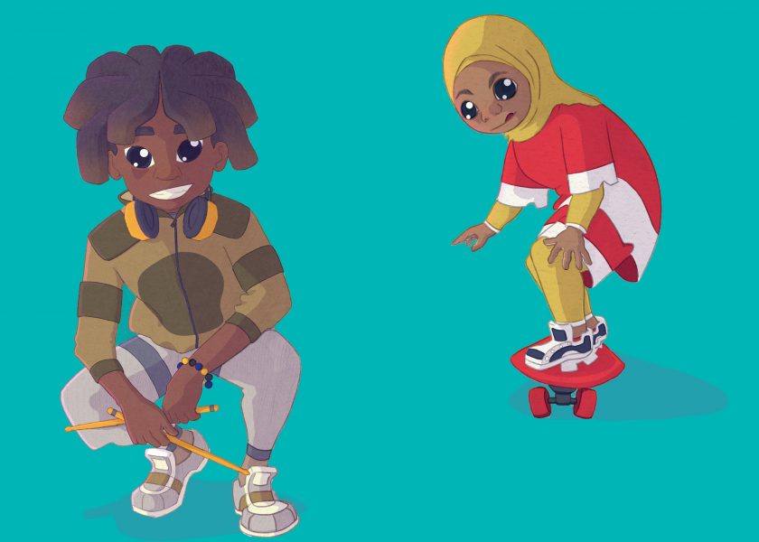 Two animated children, one squatting and the other riding a skateboard.