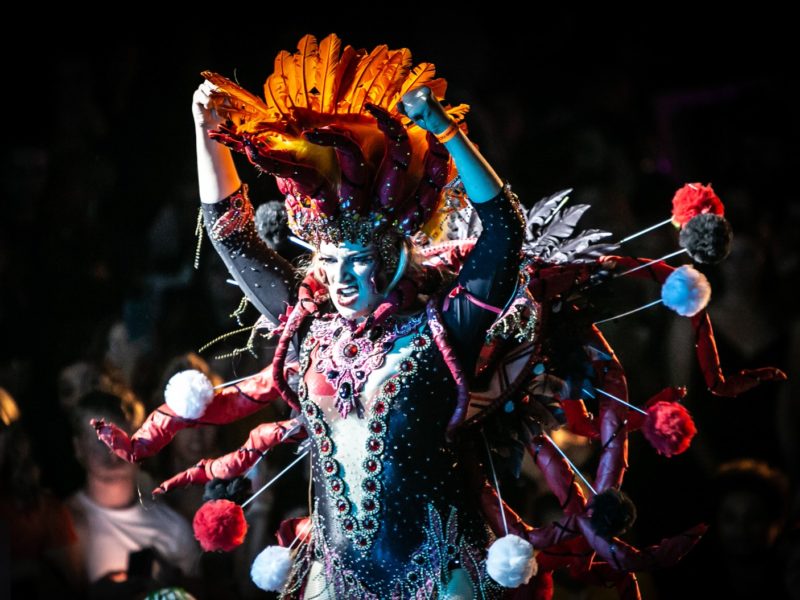 A vogue dancer in an extravagant costume struts their stuff at the Vogue Ball Manchester.