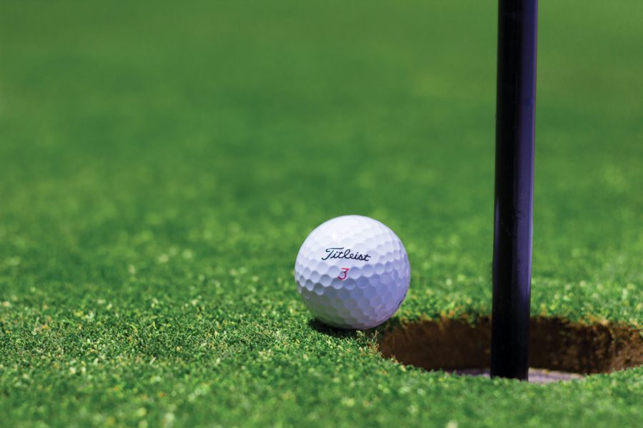 A golf ball sits on a golfing green.