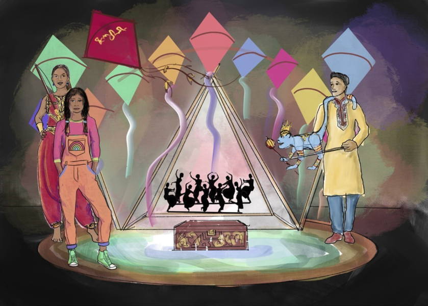 A stage lit with brightly coloured lanterns.