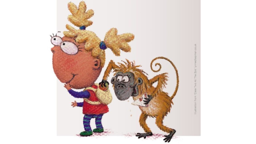 An illustration of a small child and a monkey from Class Two at the Zoo by Lynne Chapman.