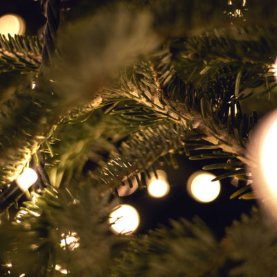 Bright white lights on a Christmas tree.