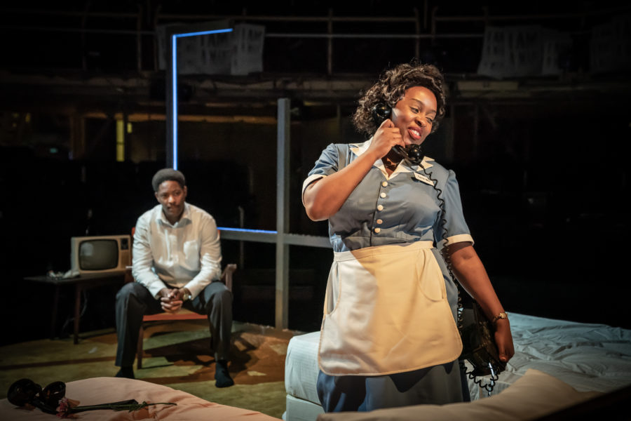 Two actors perform on stage in The Mountaintop at the Royal Exchange Theatre.