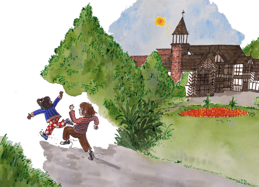 Illustration depicting two children running through Wythenshawe Park