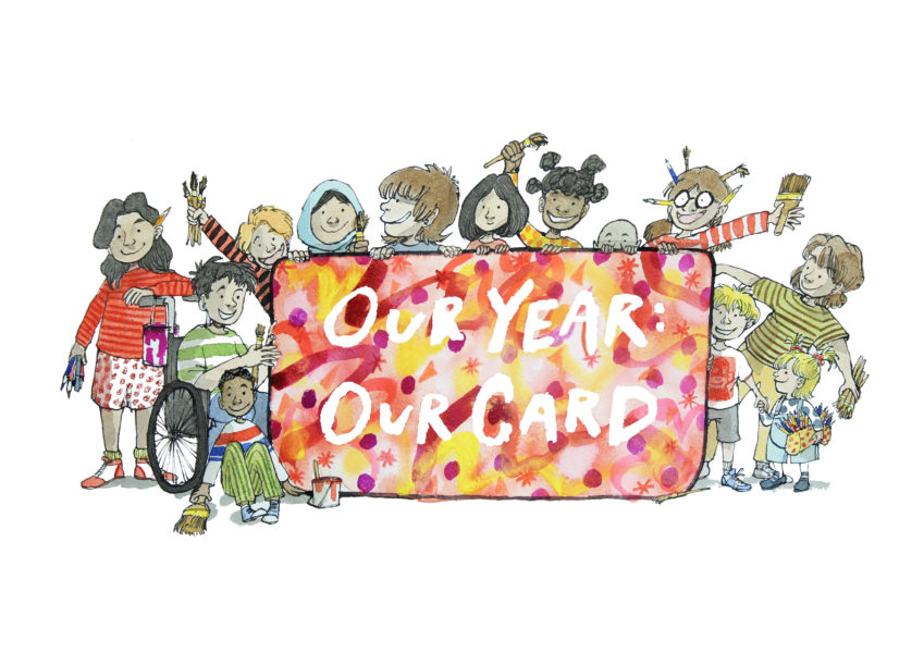 Drawn and painted children holding a card that states Our Year: Our Card
