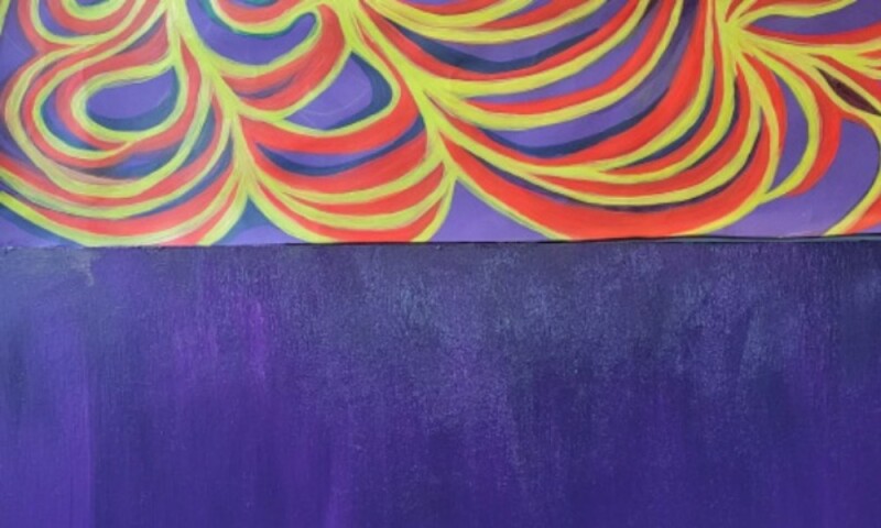 Blue and purple background with red and yellow feather style design at the top