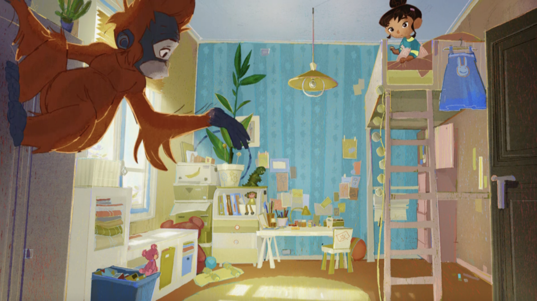 A little girl sits on top of a cabin bed as an orangutan hangs in the corner of her bedroom.