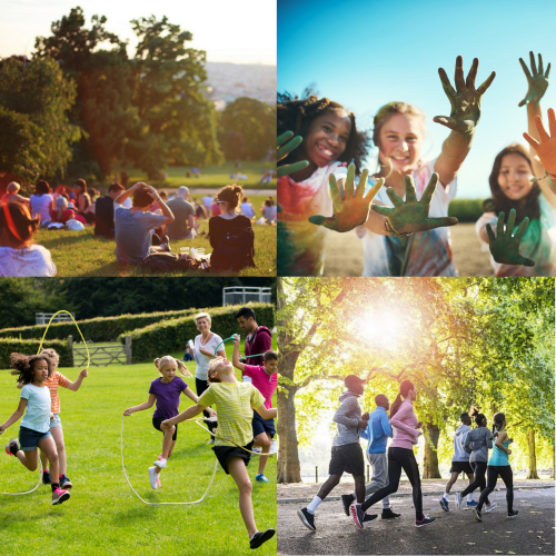 People enjoying a range of outdoor activities such as a community run and children doing sports.