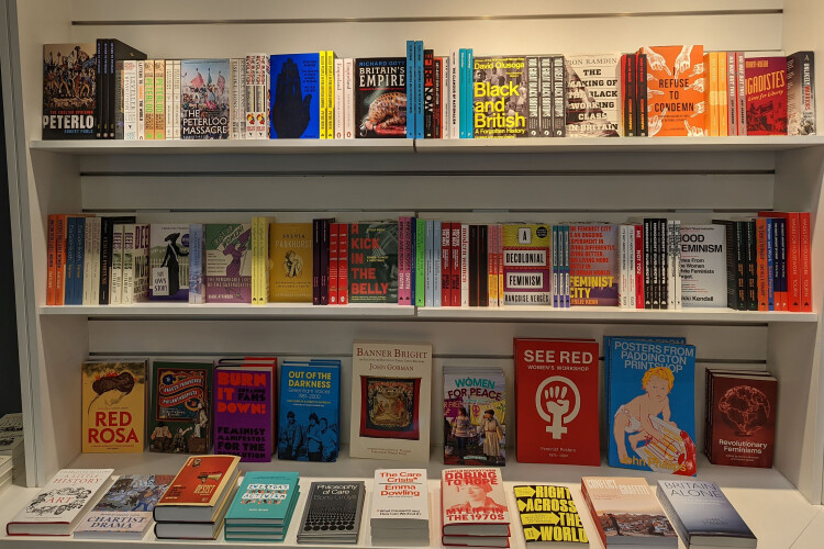 Four rows of books on white shelving